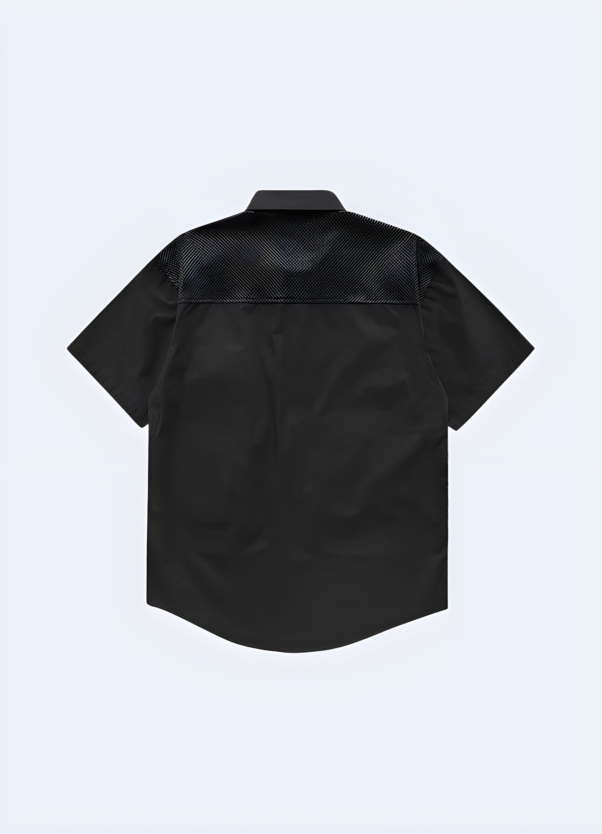 Rear view of a sleek black tactical techwear shirt featuring a large utility pocket and adjustable hem, designed for functionality and style in the canada.