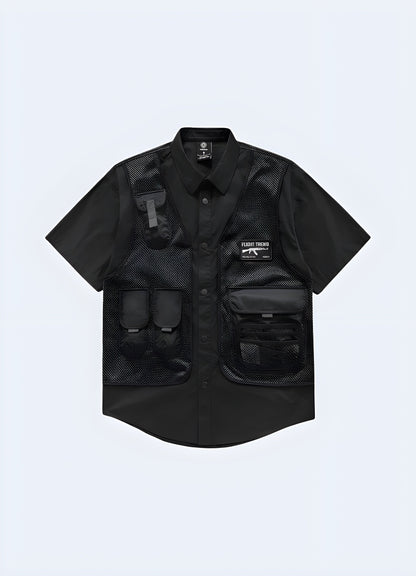 Stylish black tactical techwear shirt with multiple pockets and zipper details, perfect for outdoor adventures and urban exploration in the canada.