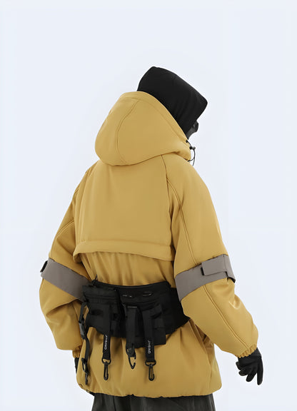 Back view of a model wearing a tactical yellow jacket, showcasing its functional features and eye-catching color, perfect for style-conscious Canada consumers prioritizing safety and visibility.