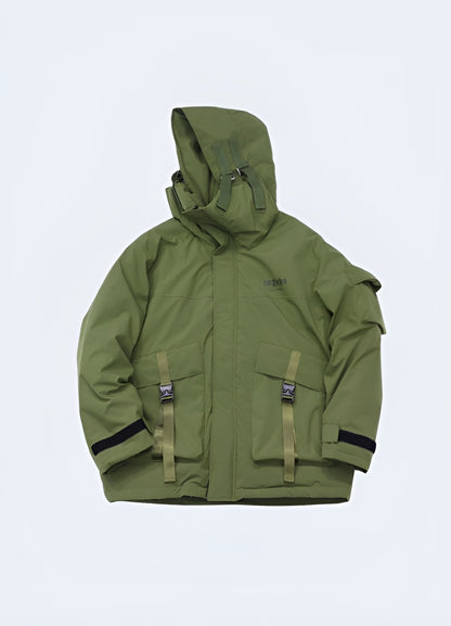 Front view of a tailored-fit green techwear jacket, emphasizing its innovative construction and streamlined aesthetics, perfect for fashion-savvy CA customers seeking a functional and stylish outerwear solution.