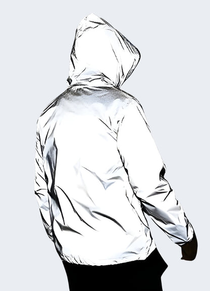 Back view of a tailored-fit silver reflective jacket, showcasing its sleek and modern design for Canada trendsetters.