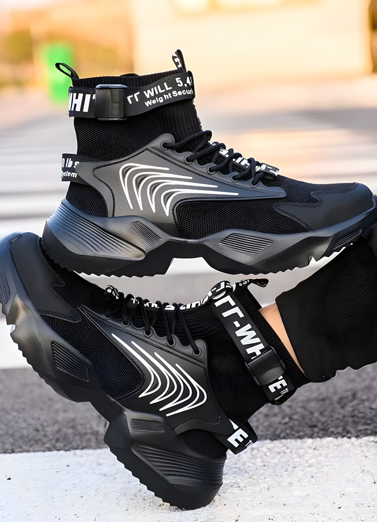 Sleek technical sneakers in black and white with futuristic design, perfect for urban exploration in the Canada