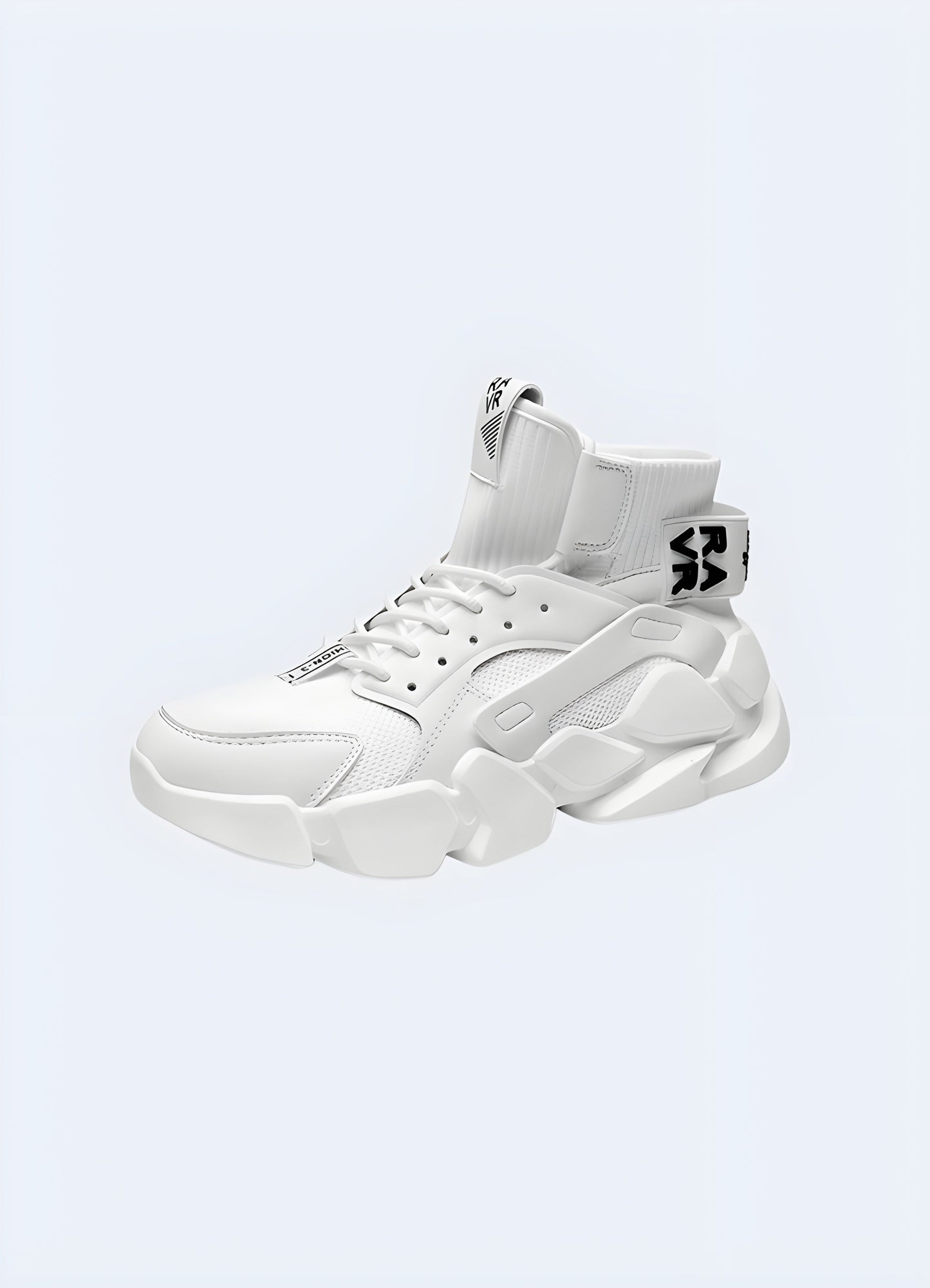 Side view of white technical sneakers with unique sole and upper design, showcasing cutting-edge style in the Canada..