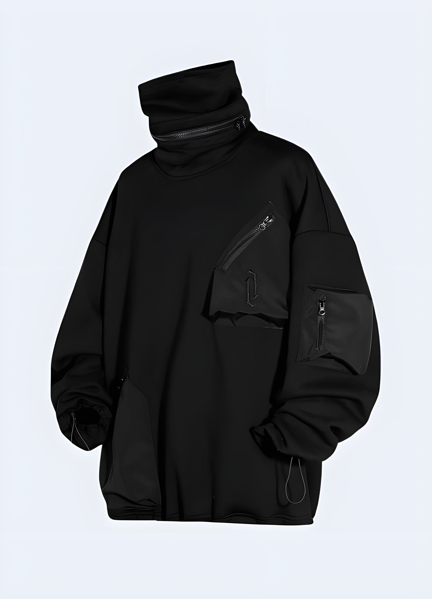 Technical turtleneck hoodie in front side view, highlighting its unique design and contemporary look available in Canada.