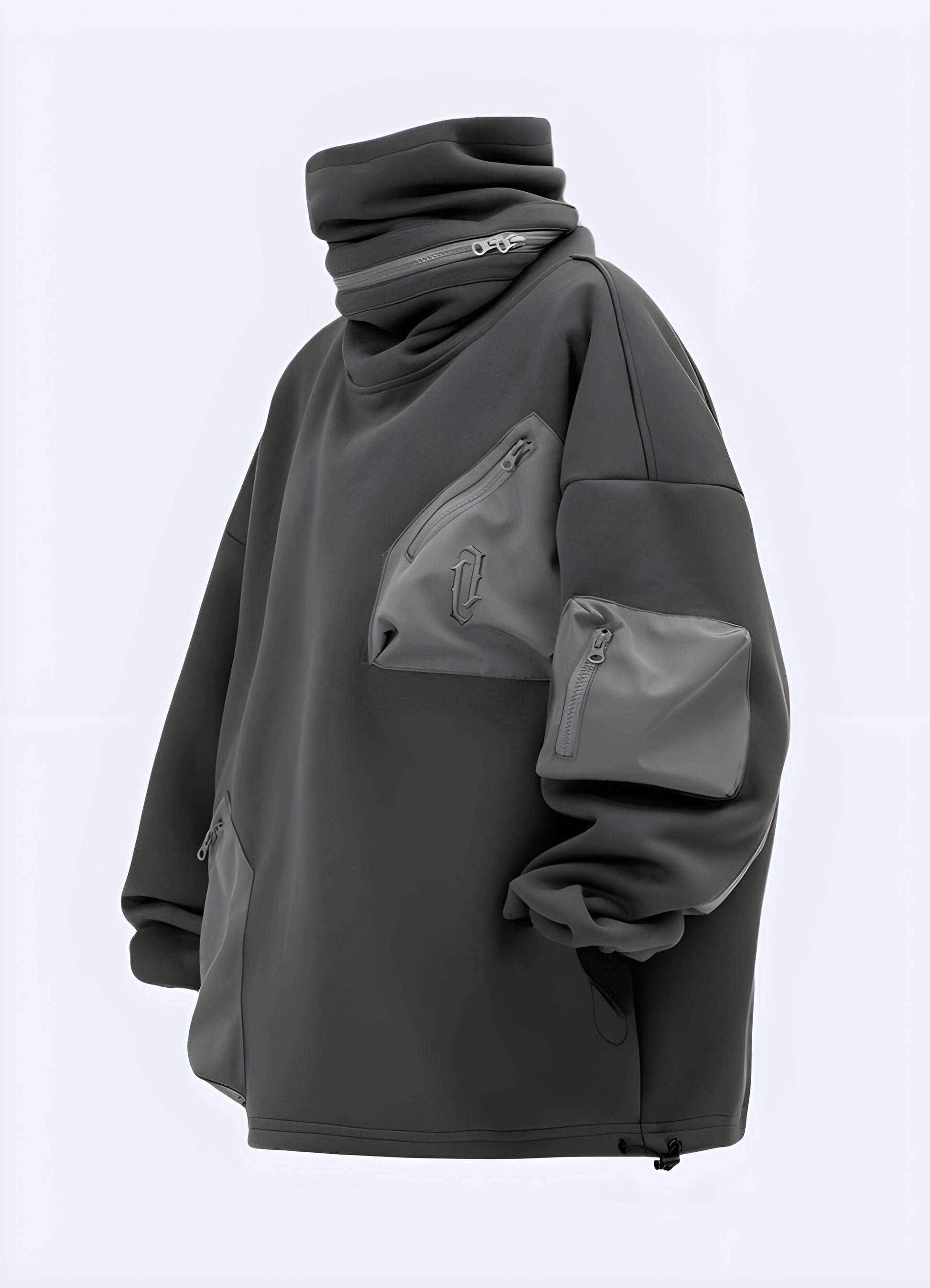 Technical turtleneck hoodie in side view, emphasizing its functional design and stylish features available in Canada.