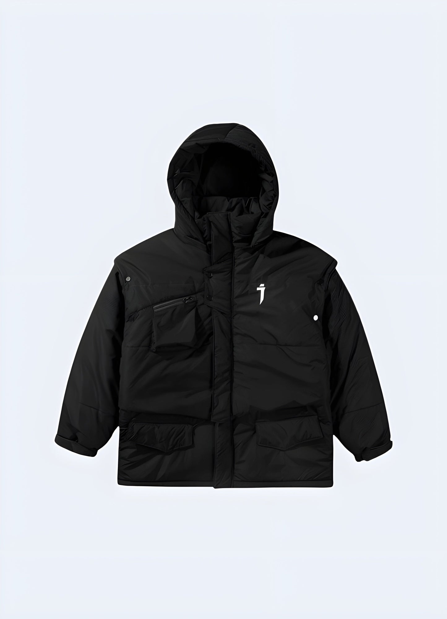 Front view of a waterproof black technical winter jacket showcasing its durable construction, multiple utility pockets, and sleek design, perfect for staying dry, comfortable, and stylish in Canada's coldest months and diverse environments.  Copy