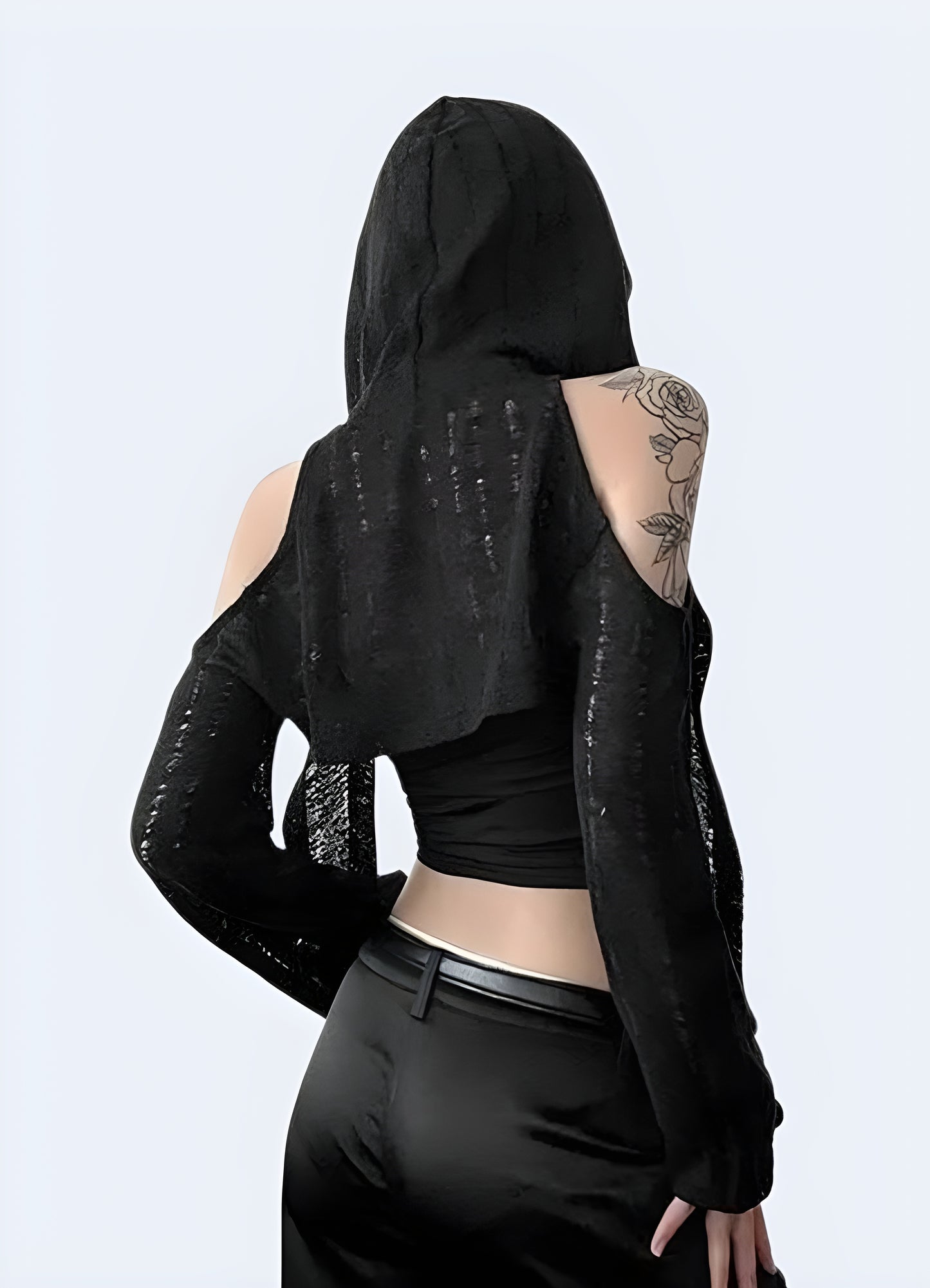 Techwear women's darkwear hood crop top, ideal for edgy and modern urban fashion in Canada.