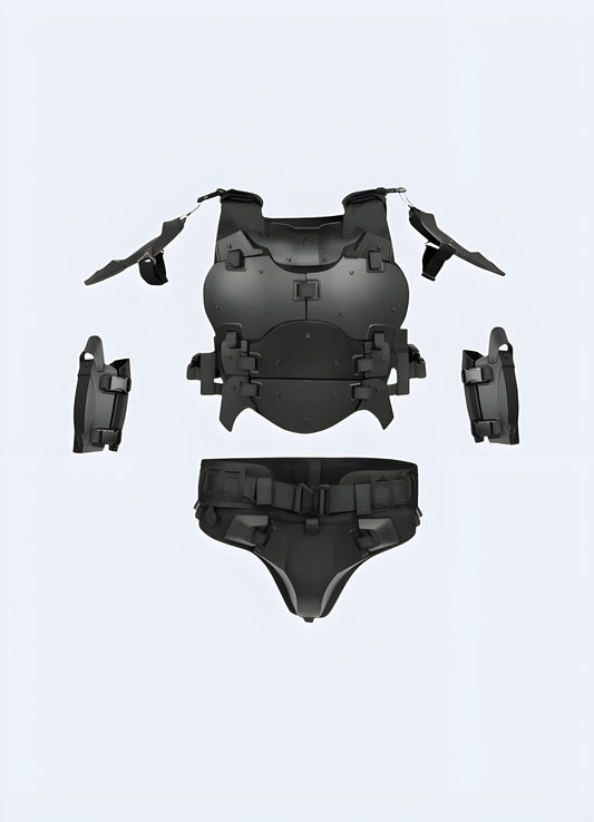 Black techwear armor vest with a futuristic design, multiple utility pockets, and adjustable straps, ideal for urban exploration, cosplay, and avant-garde fashion.