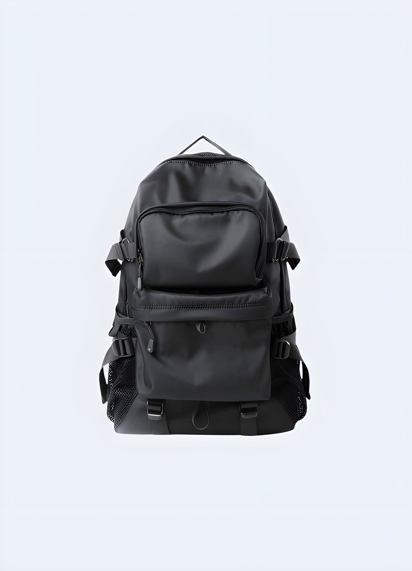 The model is wearing a dark, urban outfit that complements the high-tech look of the backpack, standing against a neutral backdrop Canada.