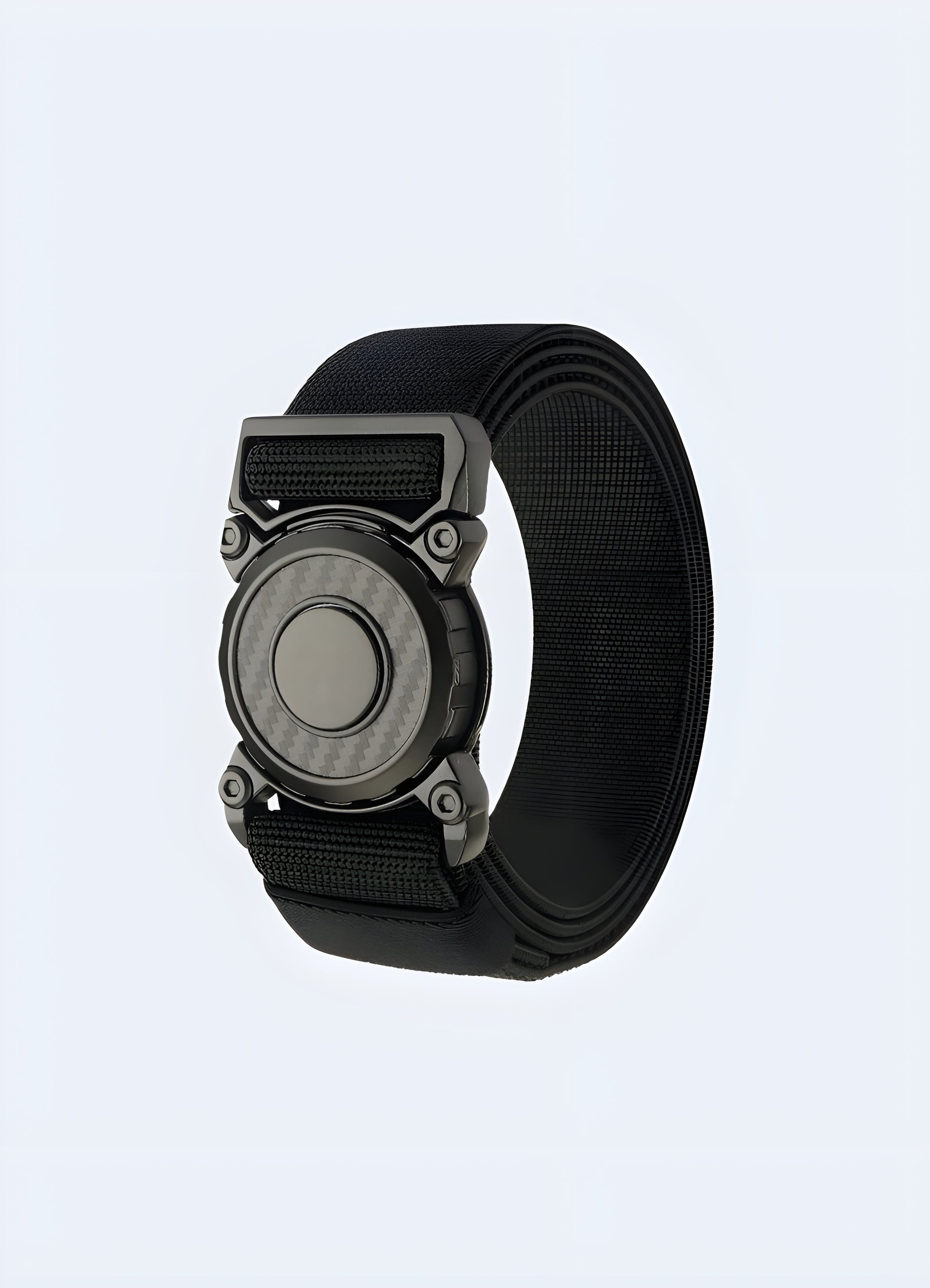 A techwear belt with a distinctive round buckle, designed in a sleek and modern style suitable for various outfits. The belt is made of durable material, ideal for everyday wear Canada.