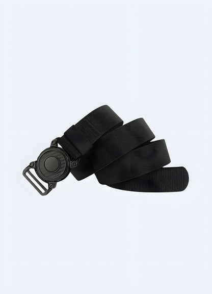 Front view of a techwear belt with a round buckle. This perspective emphasizes the buckle's unique shape and the belt's overall aesthetic, perfect for a trendy and practical look Canada.