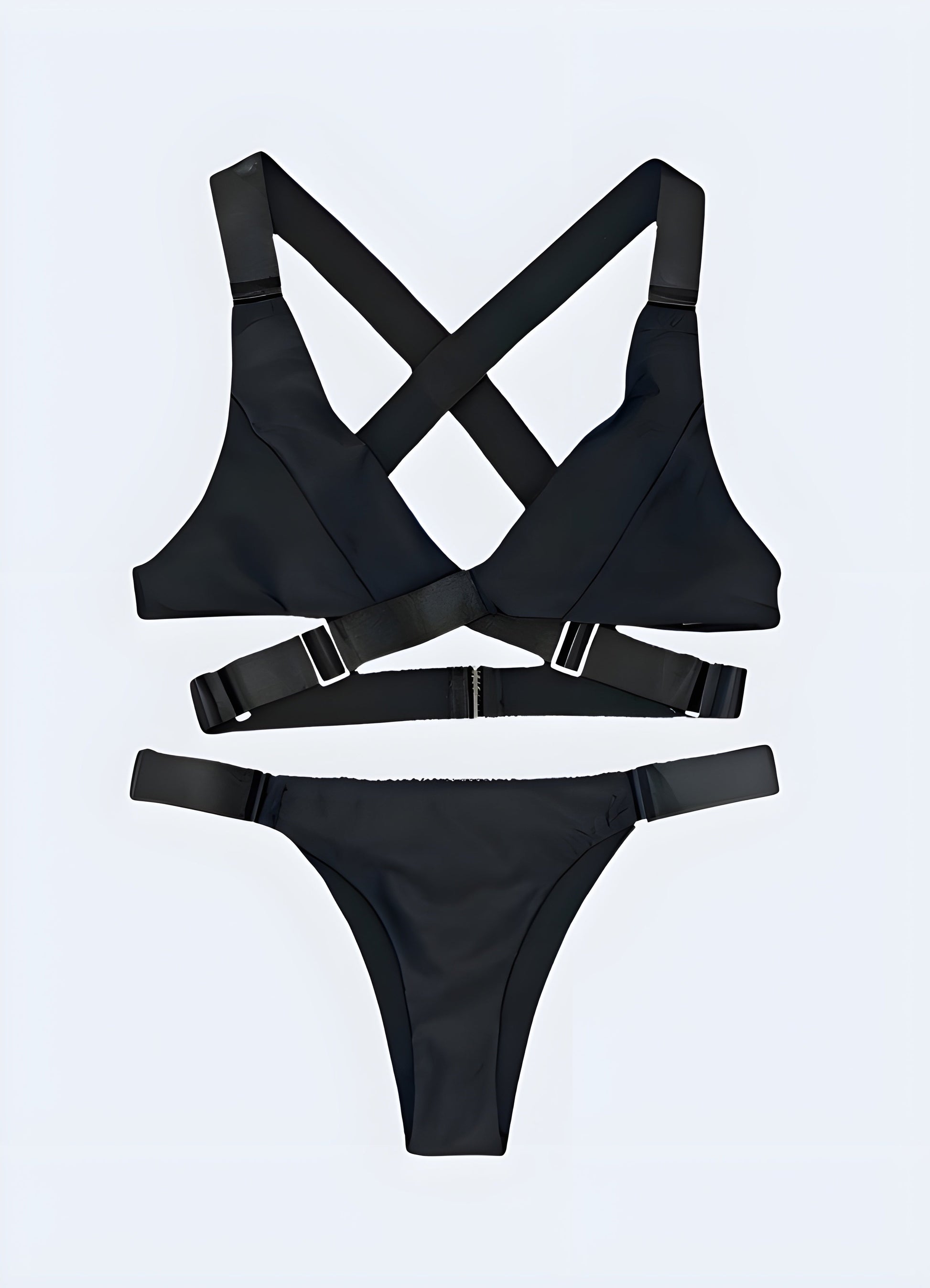 Sleek black techwear bikini with futuristic design, perfect for edgy summer style Canada.