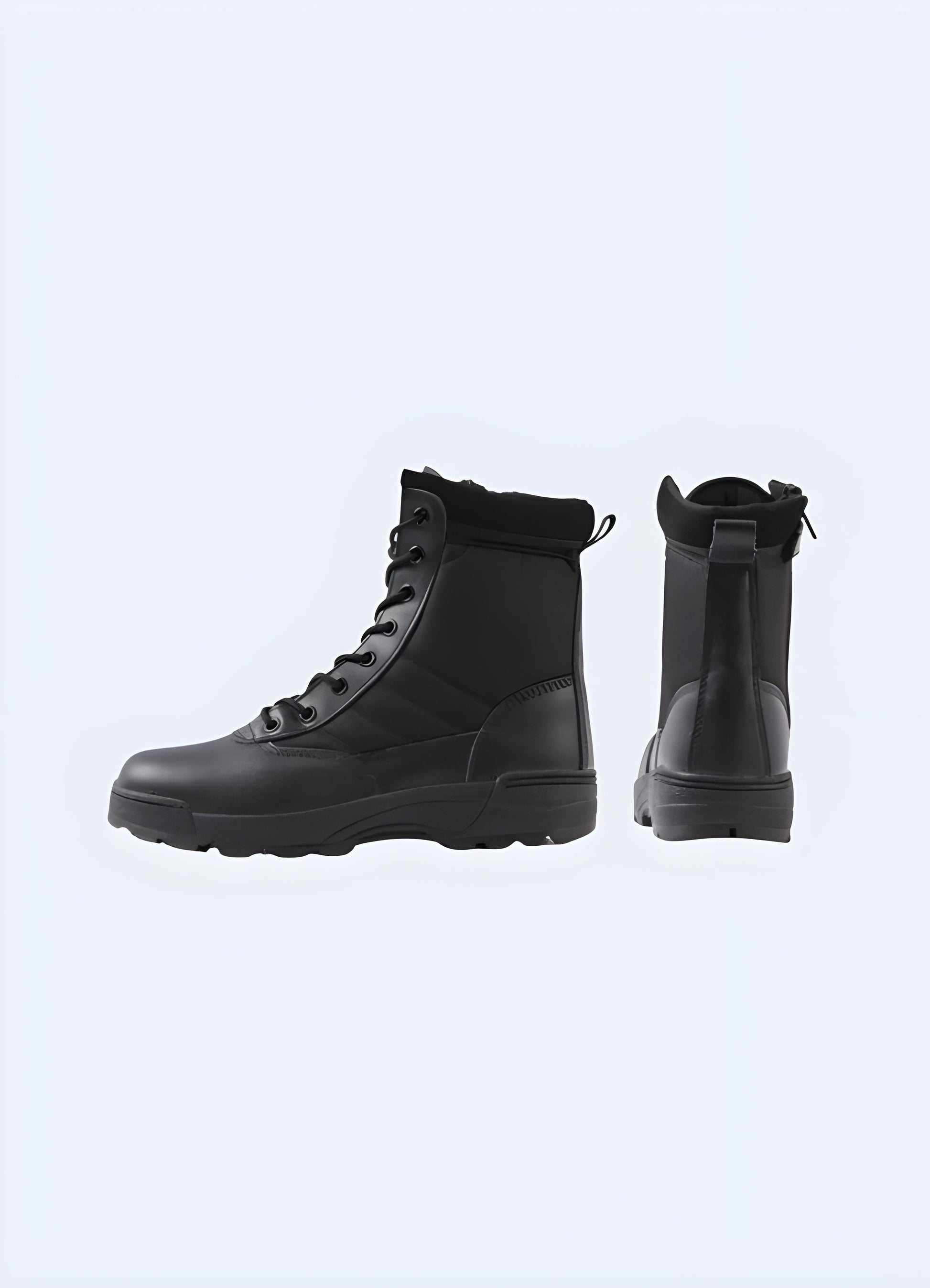 Back side view of techwear  black boots with a side zip closure, highlighting their streamlined silhouette and practical design for urban exploration in the Canada.