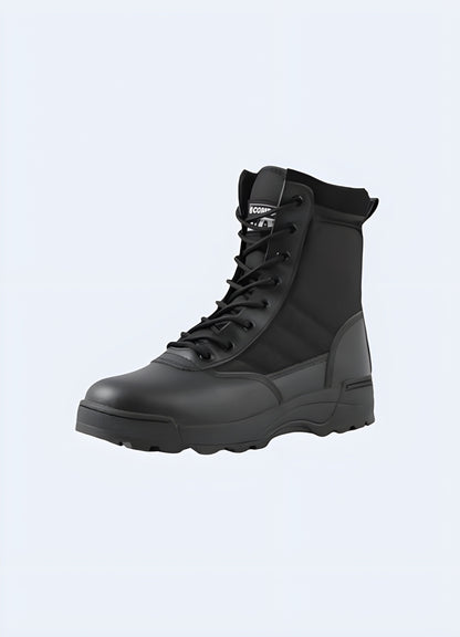 Front and side view of techwear black boots featuring a side zip, showcasing their modern design and easy-access functionality, perfect for Canada city life.