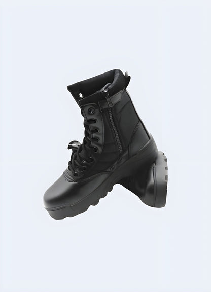 Side view of techwear  black boots with a side zip, emphasizing their sleek profile and versatile design, ideal for seamless integration into Canada techwear outfits.