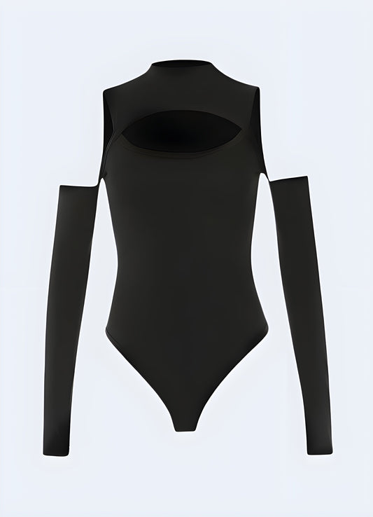 Sleek black techwear bodysuit with futuristic design, perfect for urban exploration and everyday wear in the Canada.