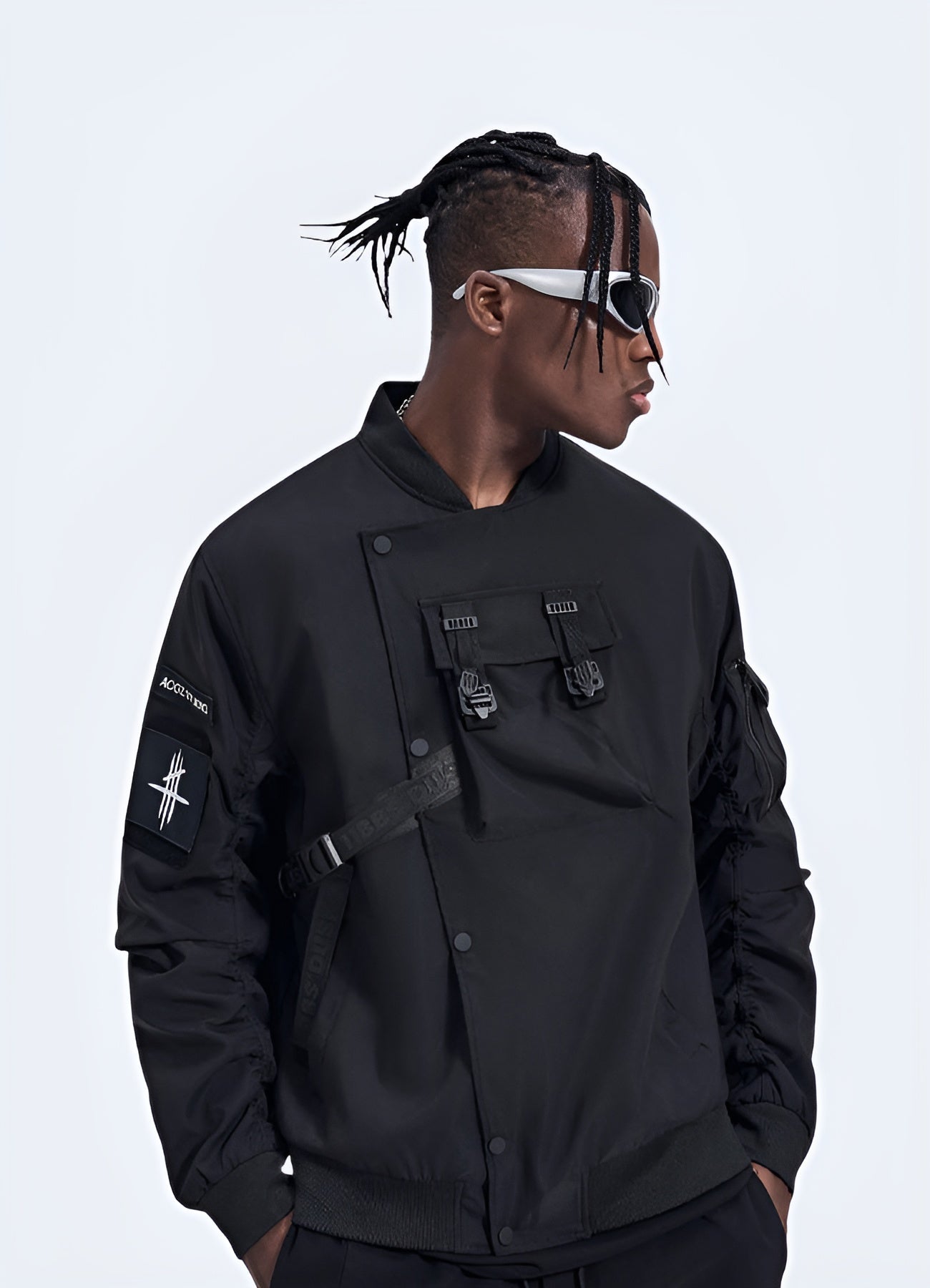 Front view of a stylish techwear bomber jacket in black, featuring a fitted silhouette and functional details, ideal for urban fashion in Canada