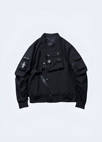 Techwear bomber jacket with a sleek front view, designed for both style and practicality in Canadian cities, perfect for fashion-conscious individuals