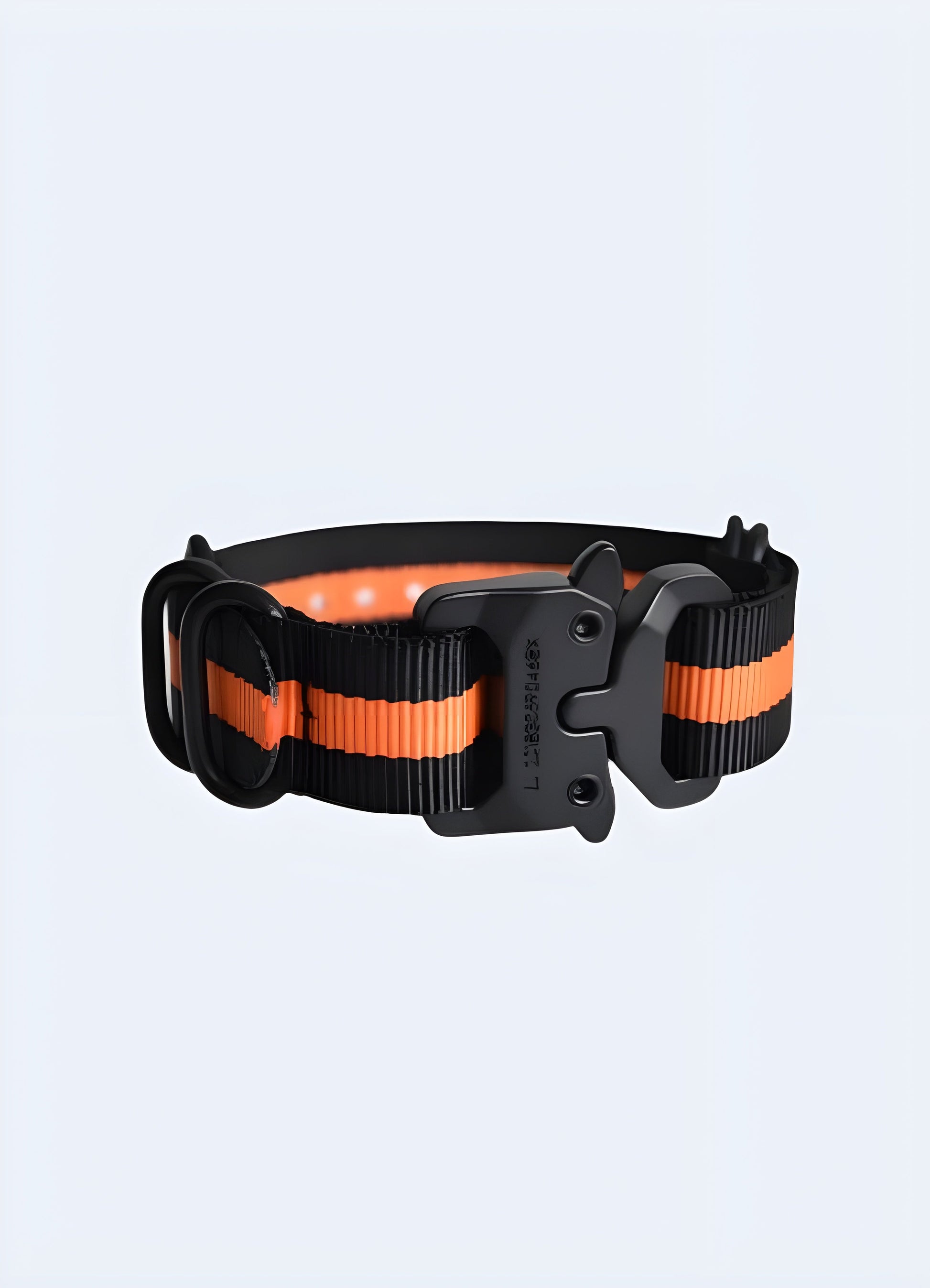 Techwear buckle bracelet in black and orange, Canada, displayed from the front view, showcasing its bold color contrast.