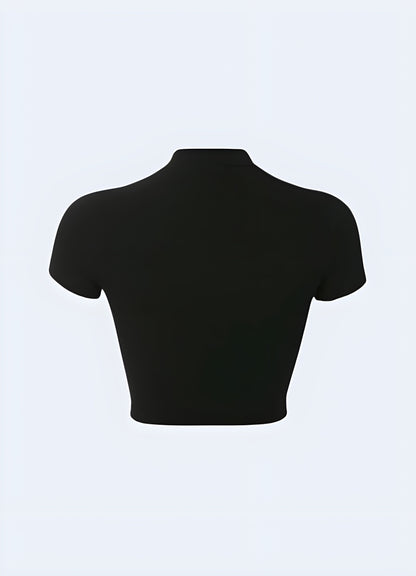 Back view of a techwear buckle crop top, emphasizing its sleek lines and attention to detail for women embracing cutting-edge style in the Canada.