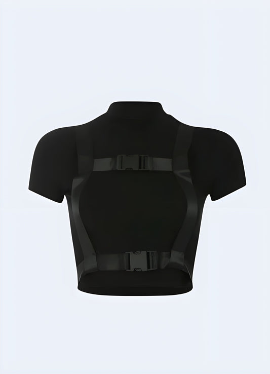 Edgy techwear buckle crop top, perfect for modern urban fashion, available in Canada.