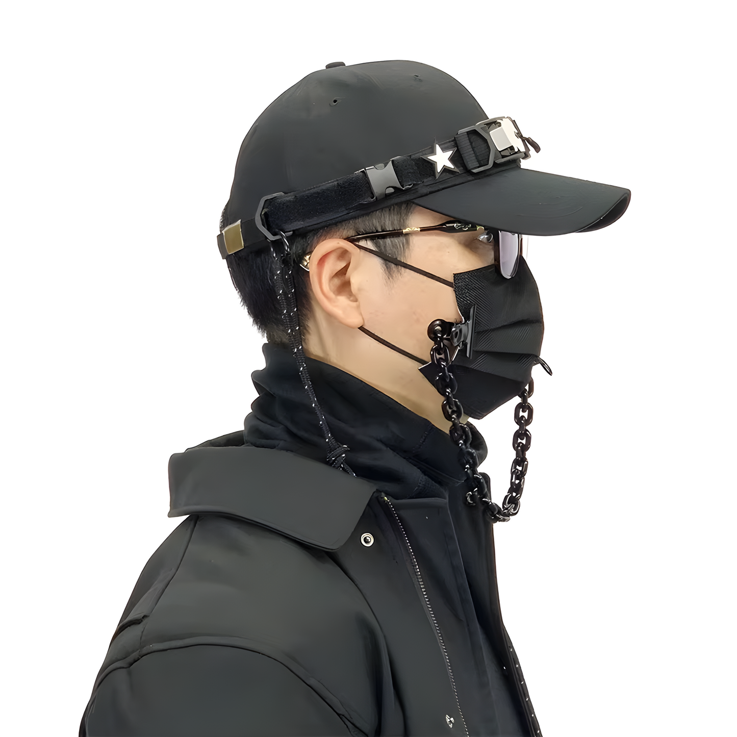 A model wearing a techwear baseball cap with a functional buckle pocket, viewed from the side to demonstrate the cap’s fit and how the pocket enhances the overall techwear look.