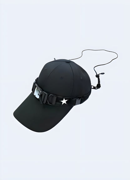 A techwear baseball cap with a functional buckle pocket, shown from the side to highlight the unique pocket design and utilitarian aesthetic Canada.