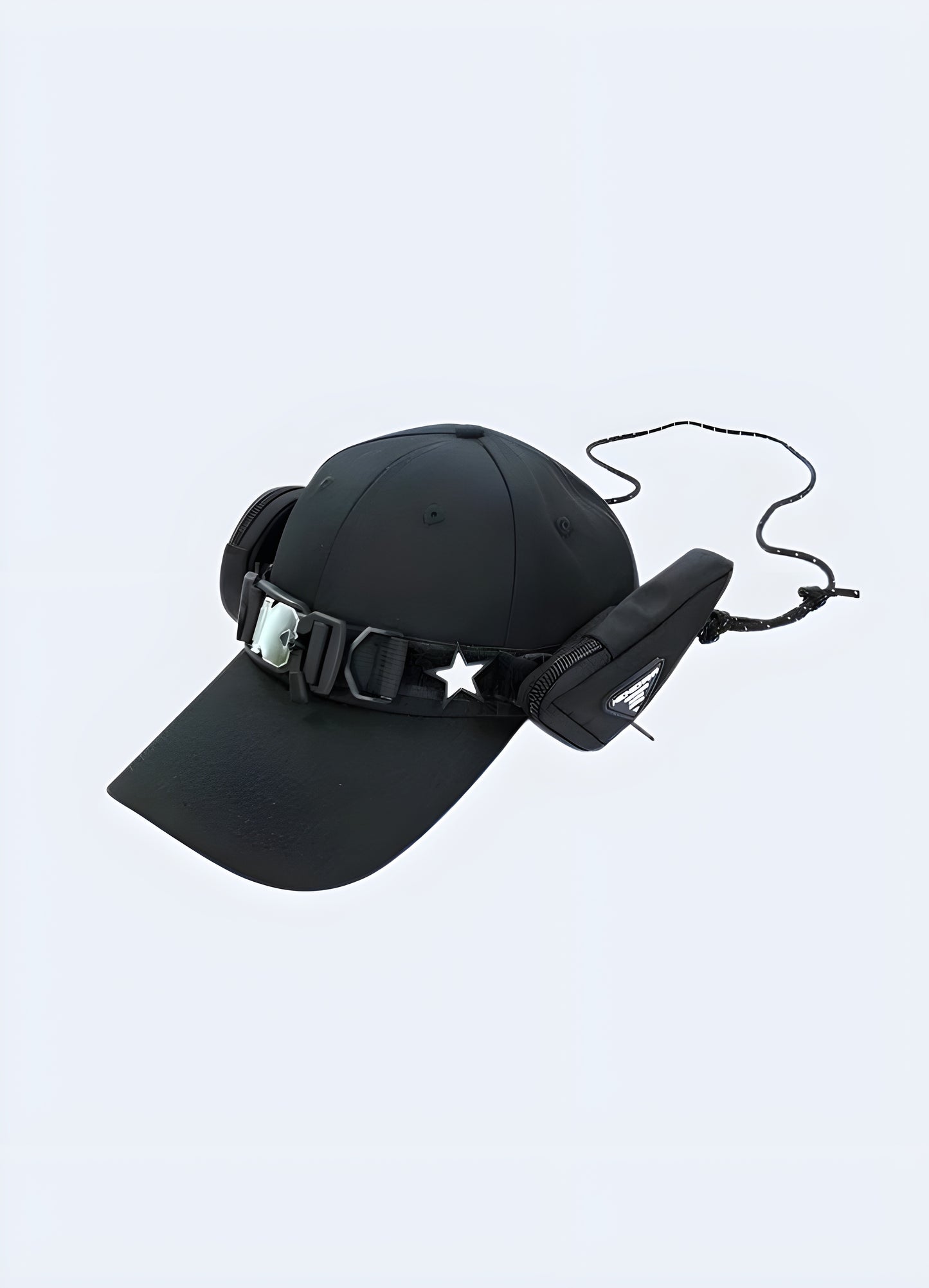 A techwear baseball cap featuring a functional buckle pocket and two attached bags, displayed from the side to showcase the cap’s multi-functional design Canada.