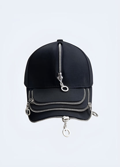 A techwear cap featuring multiple zippers, shown from the side to highlight the intricate zipper details and modern design, inspired by Canadian urban fashion Canada.