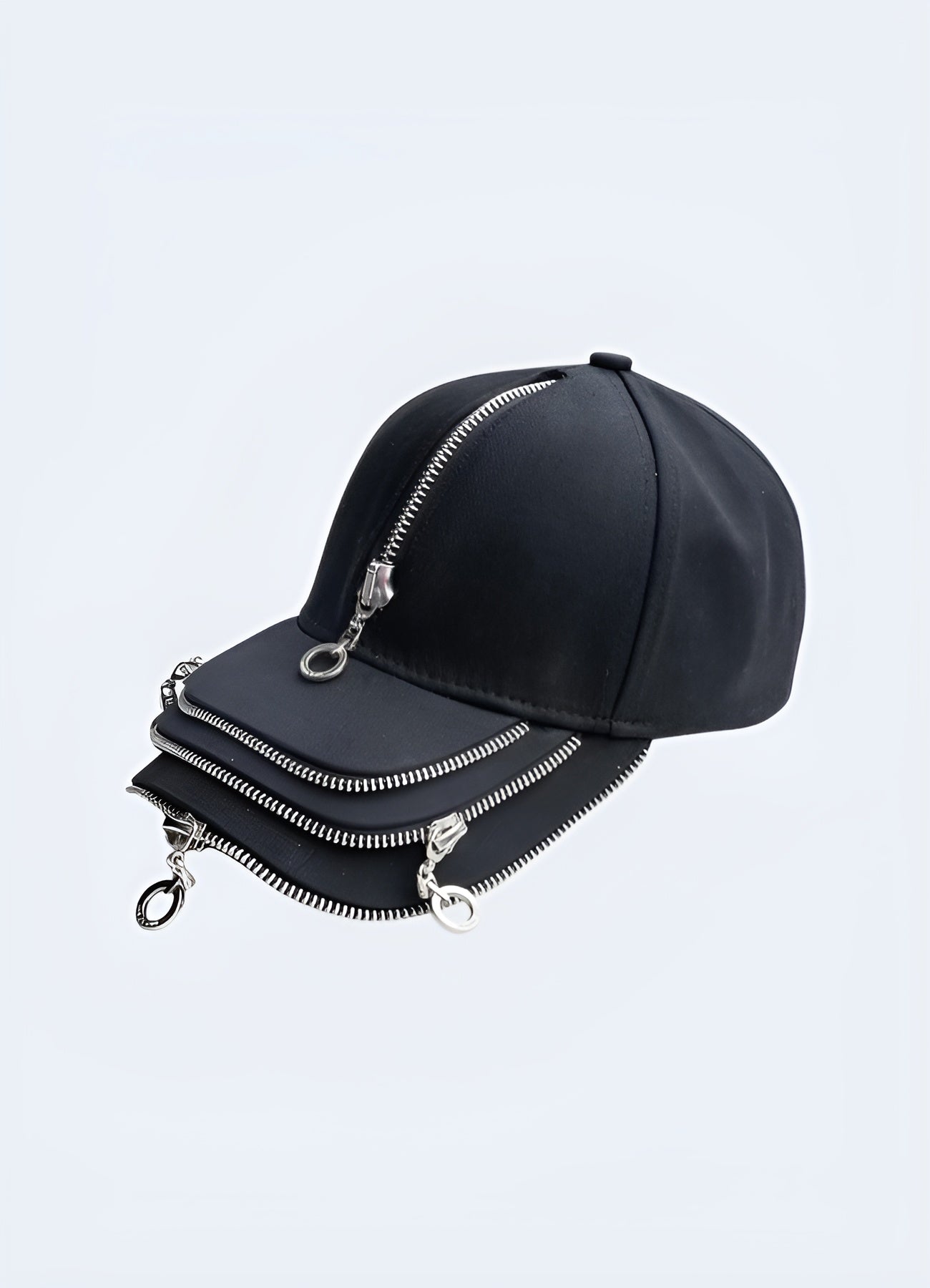 A techwear cap featuring multiple zippers, shown from the side to highlight the intricate zipper details and modern design, inspired by Canadian urban fashion.