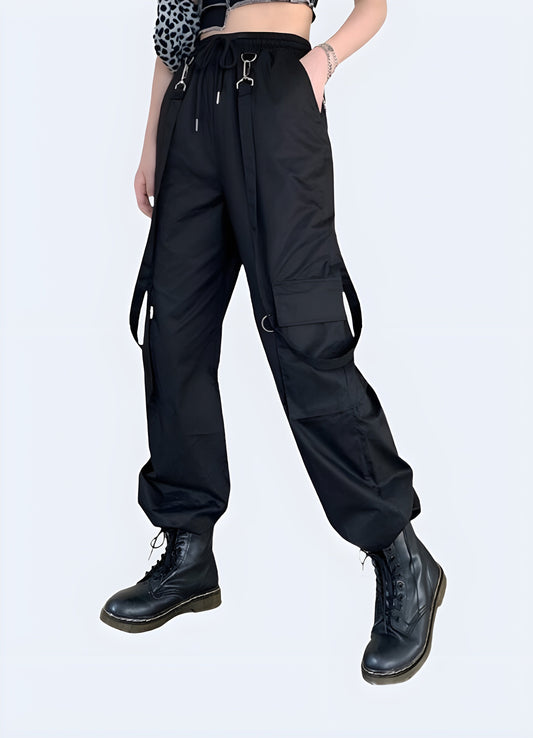 Stylish and functional techwear cargo pants with straps for women, perfect for urban exploration and fashion-forward looks in the Canada.