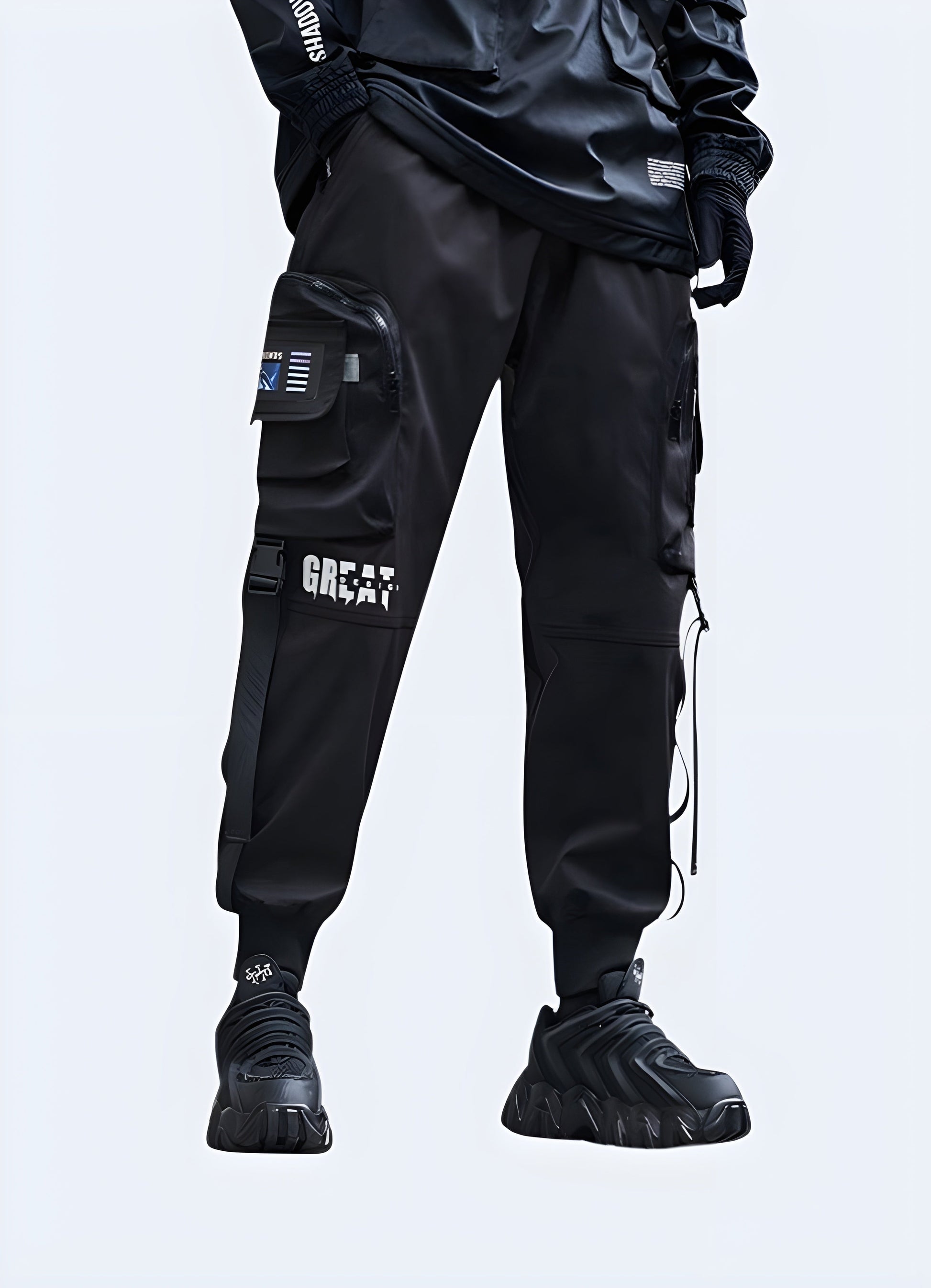 Functional and stylish techwear cargo trousers, designed for urban adventurers and tech enthusiasts in Canada, offering ample storage and superior comfort.