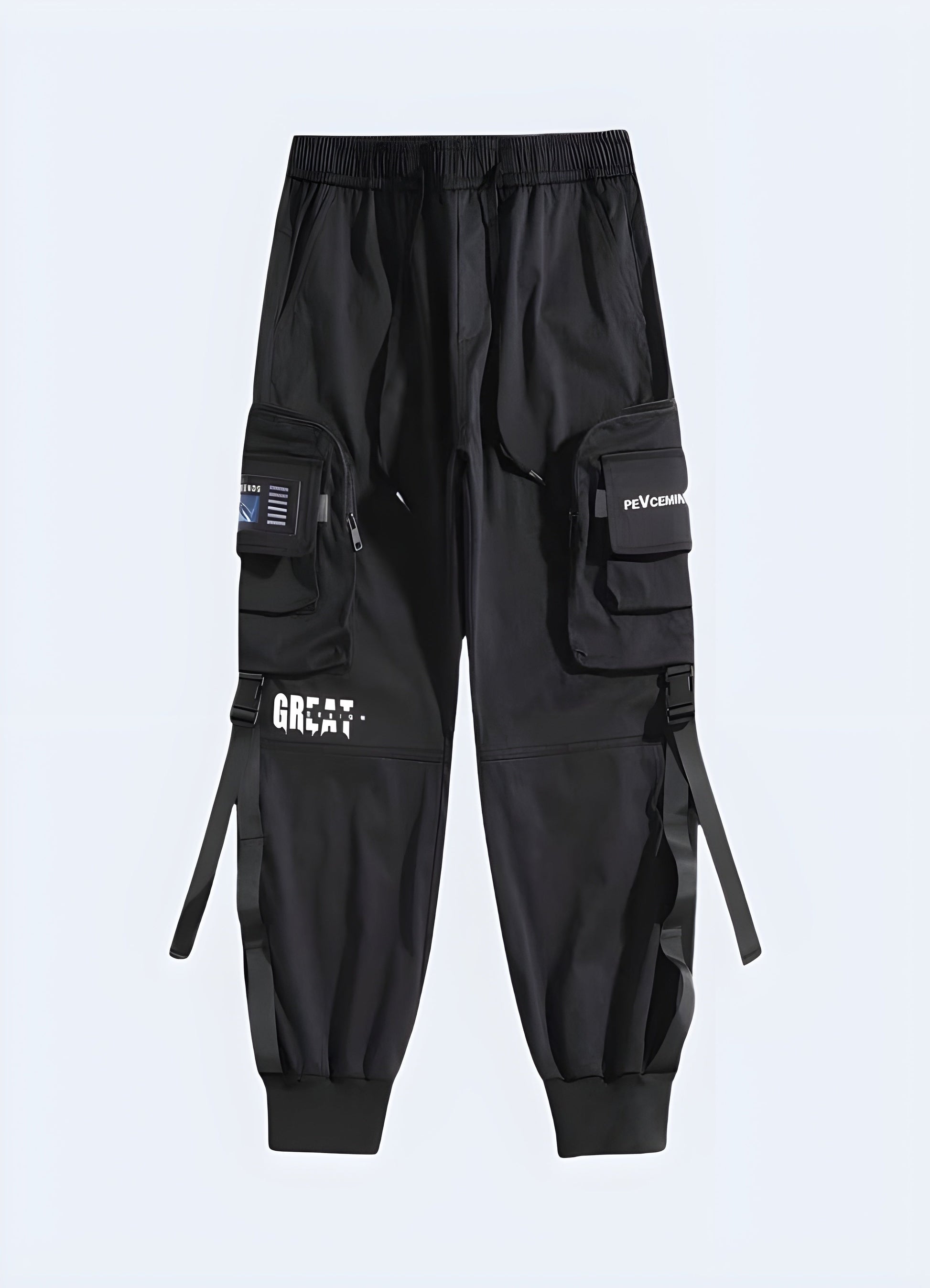 Front view of tactical-inspired techwear cargo trousers in Canada, featuring multiple utility pockets and resilient fabric, ideal for those seeking both style and functionality in urban settings.