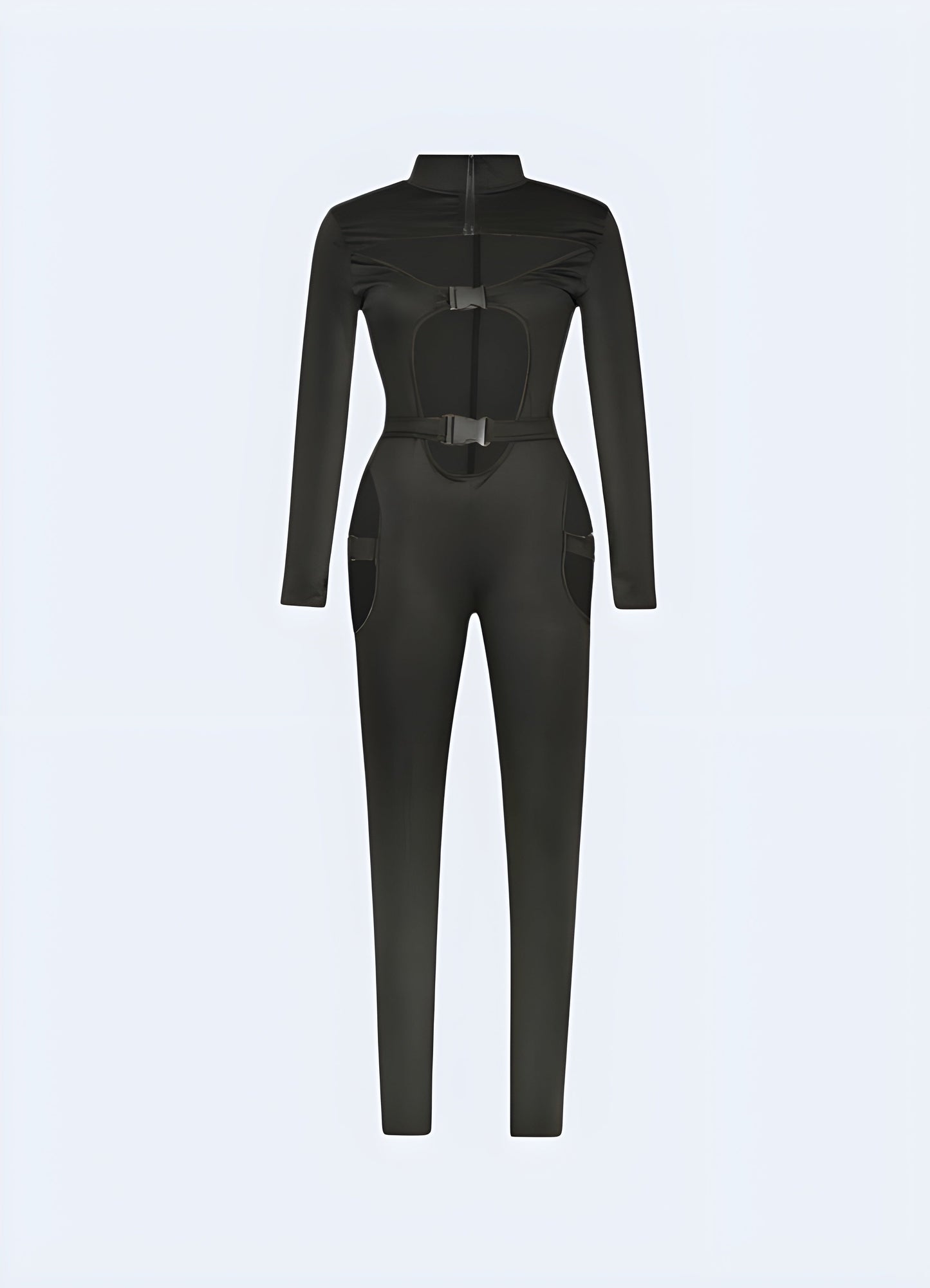 Sleek black techwear catsuit with innovative design features, ideal for Canada urban explorers and fashion-forward individuals.