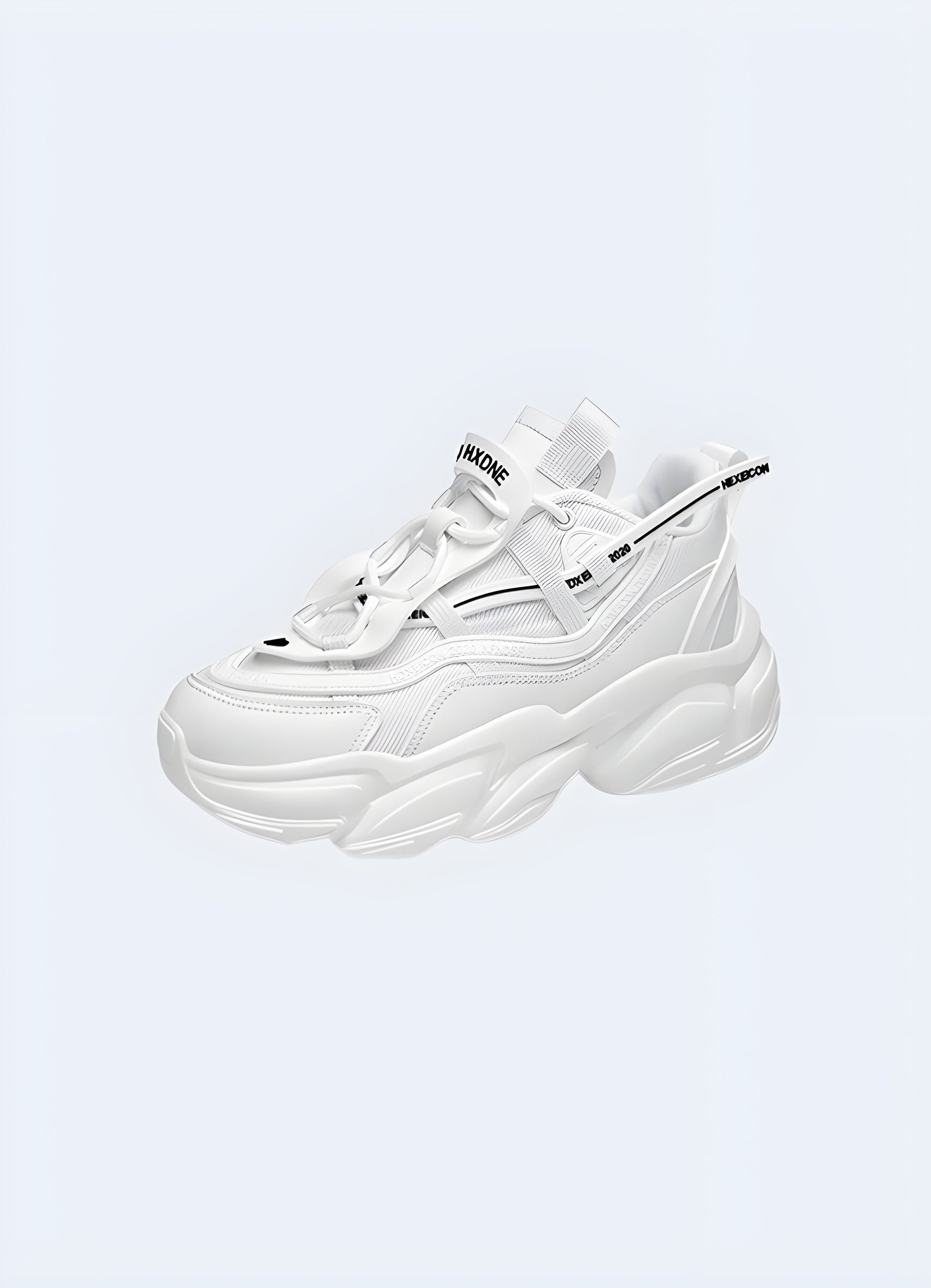 Side view of sleek white techwear chunky sneakers in Canada, showcasing their contemporary design and urban appeal.