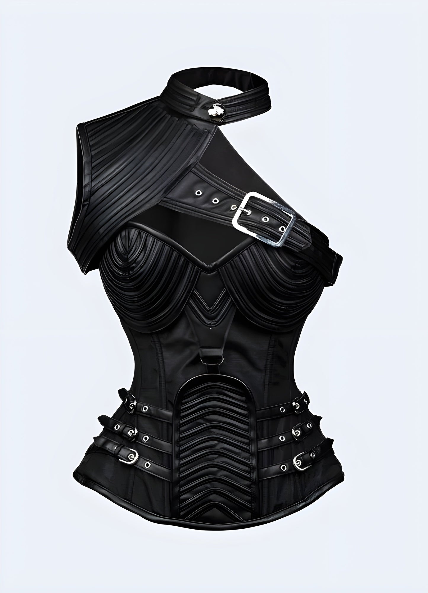 Innovative black techwear corset with unique design features, perfect for Canada fashion enthusiasts seeking cutting-edge urban wear.