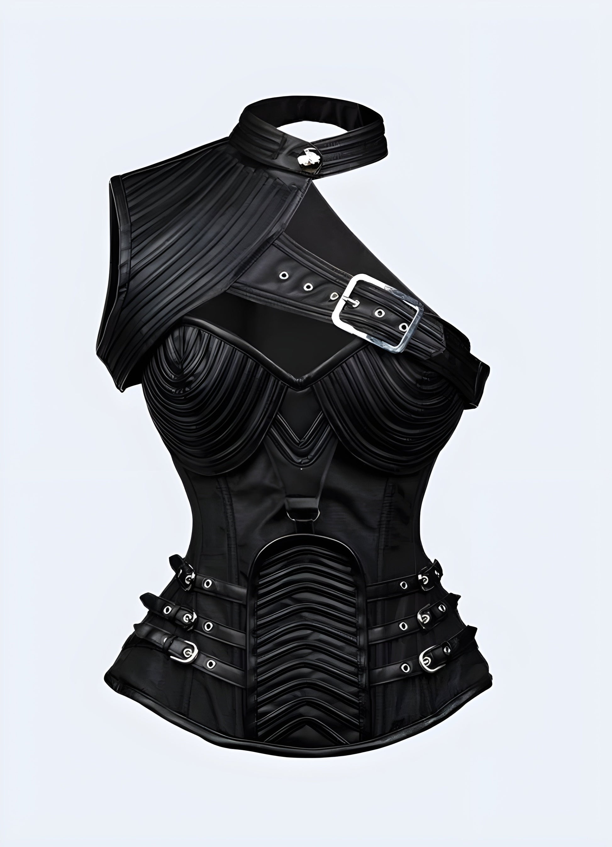 Innovative black techwear corset with unique design features, perfect for Canada fashion enthusiasts seeking cutting-edge urban wear.