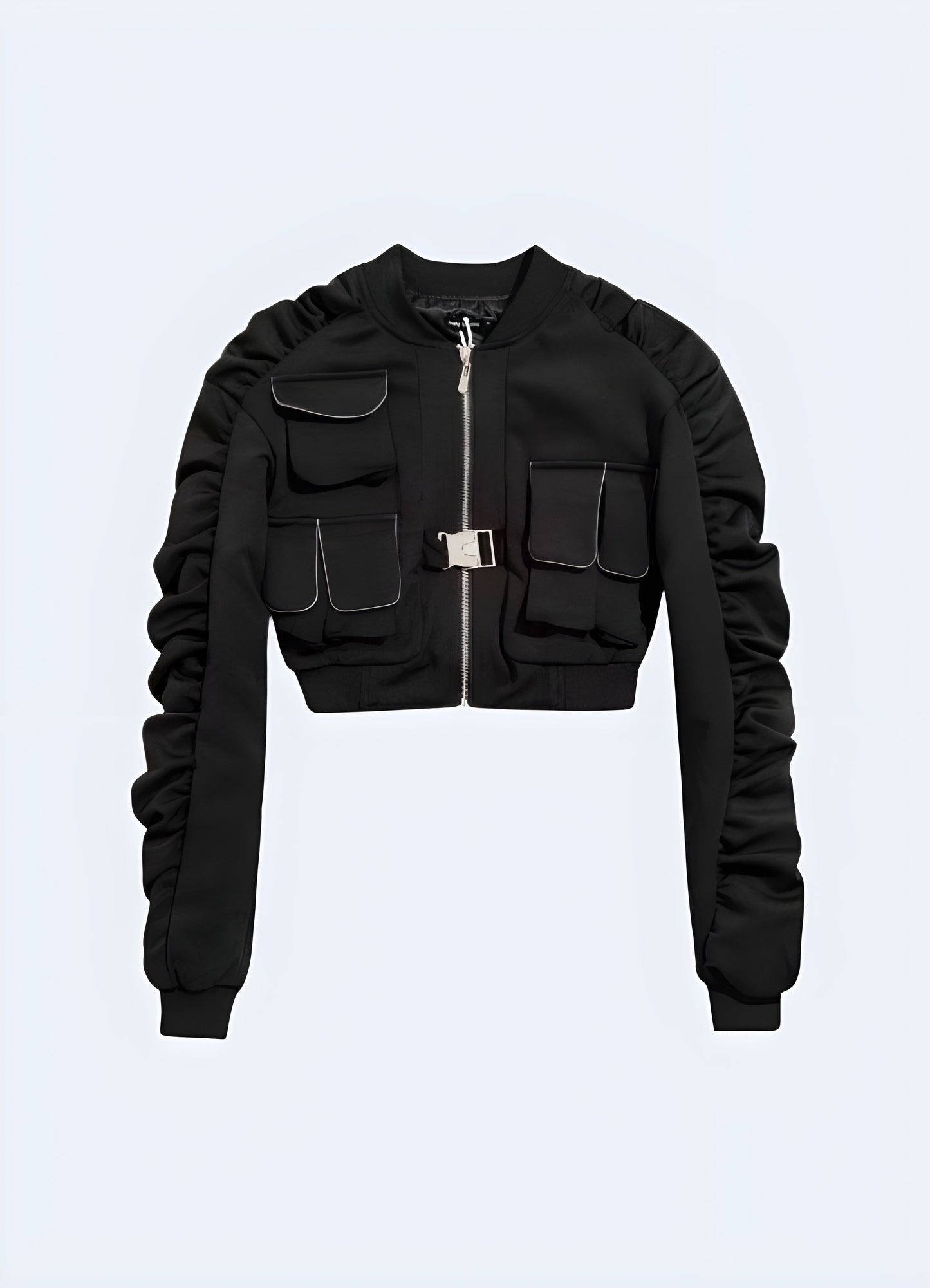 Front view of a  techwear crop jacket womens, emphasizing its contemporary aesthetics and advanced materials for fashion-forward women in the Canada.