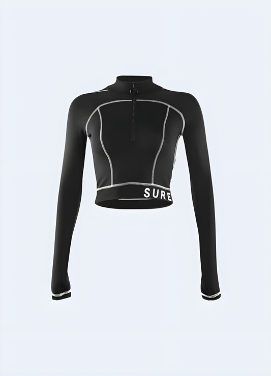 Front view of a trendy and functional techwear crop top, ideal for urban fashion in Canada.