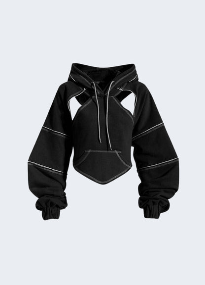 The hoodie combines a modern, minimalist aesthetic with functional techwear elements, featuring a cropped fit and open back for a sleek, edgy look Canada.