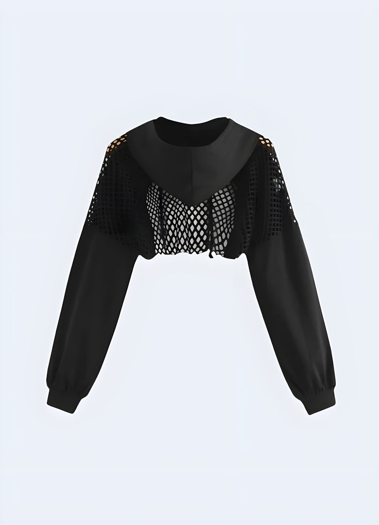 Back view of a stylish cropped mesh hoodie, exemplifying techwear fashion in Canada.