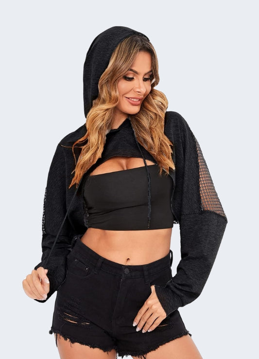 Cropped mesh hoodie from Canada, showcasing modern techwear style.