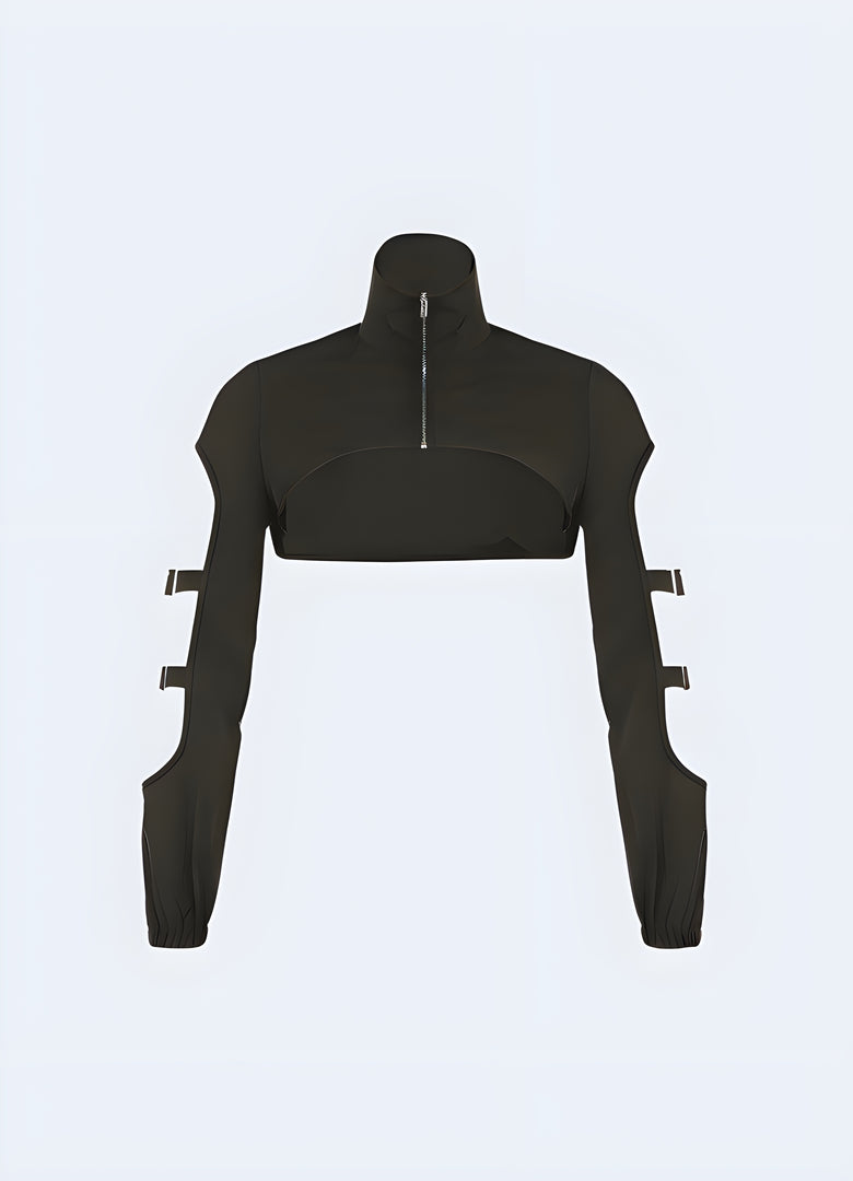 Techwear cyberpunk black sleeves turtleneck, perfect for a futuristic and edgy look in Canada.