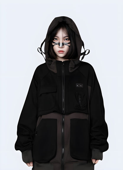 Edgy techwear cyberpunk jacket women, featuring a futuristic design and innovative materials for a bold fashion statement in the Canada.