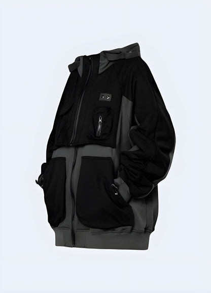 Front view of a techwear cyberpunk jacket women, highlighting its sleek silhouette and cutting-edge aesthetics for fashion-forward women in the Canada.