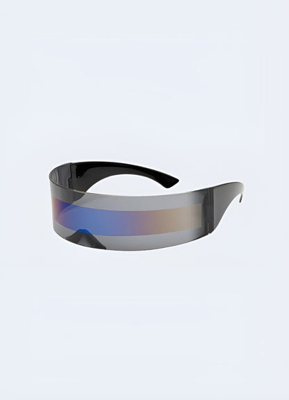 A set of techwear sunglasses with a black and blue color pattern, depicted from the side.