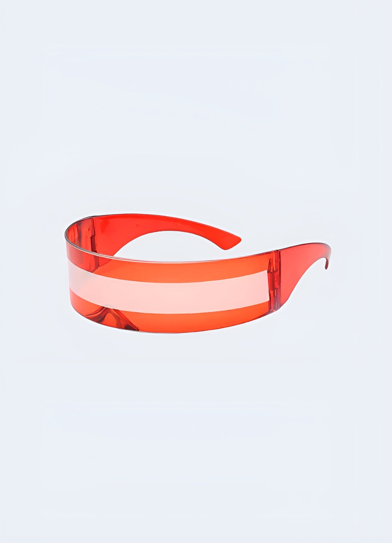 A pair of futuristic sunglasses with a red and white color scheme, seen from a side angle, embodying the essence of cyberpunk aesthetics with a sleek, modern design.