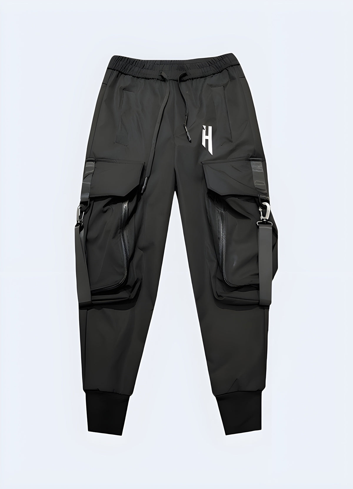 Close-up of the cargo pocket and stitching on dark cargo pants