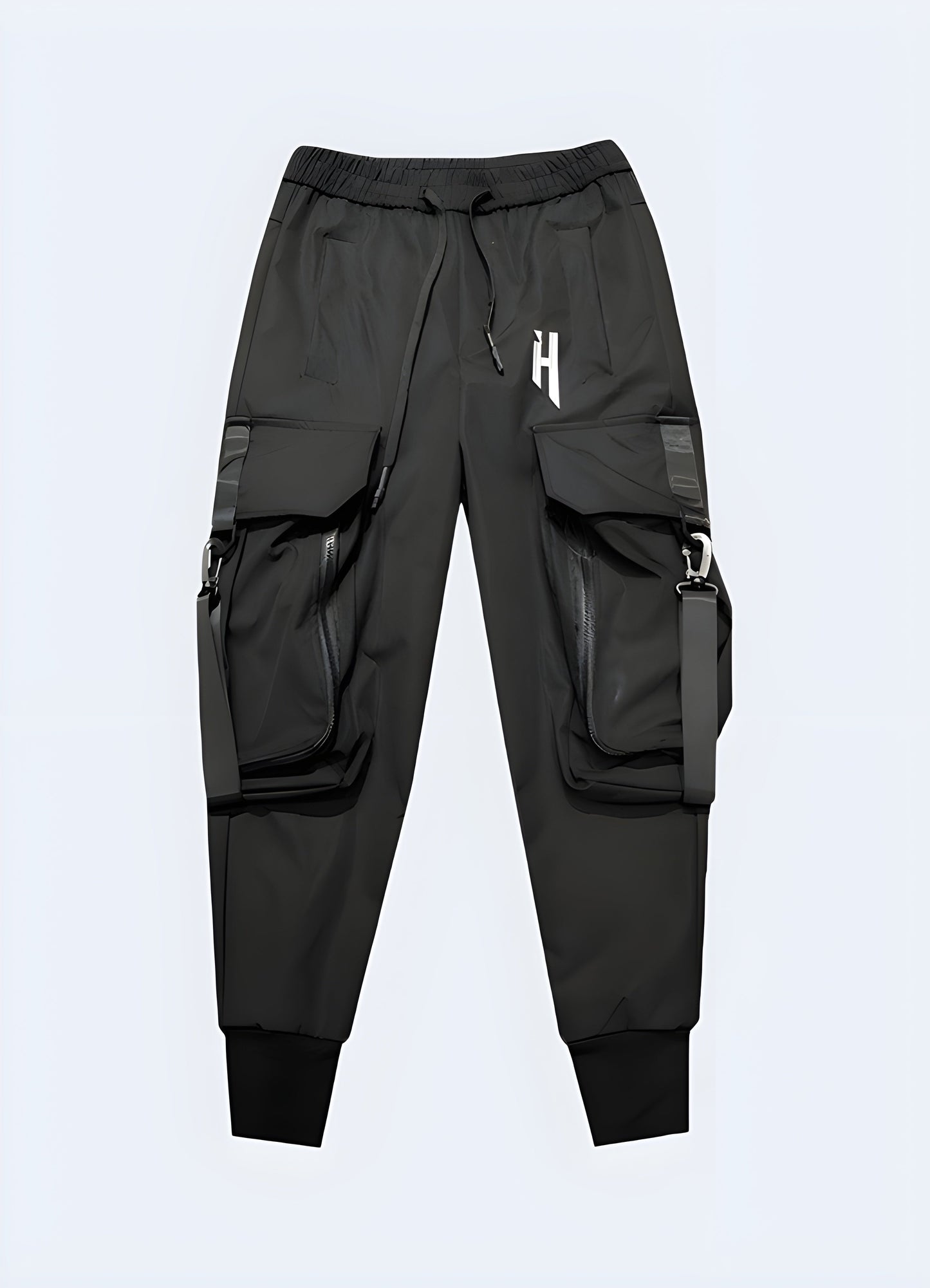 Front view of versatile techwear dark cargo pants showcasing their practical design and sleek appearance, ideal for fashion-forward individuals in Canada.