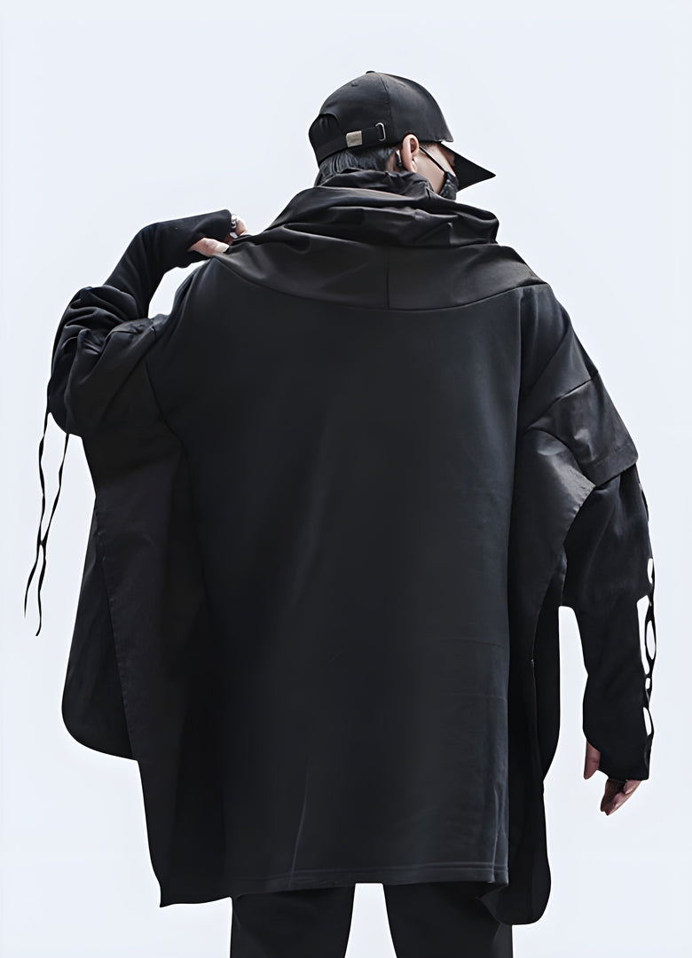 Back and side view of a man wearing a stylish techwear dark hoodie, showcasing its cutting-edge design in the Canada.